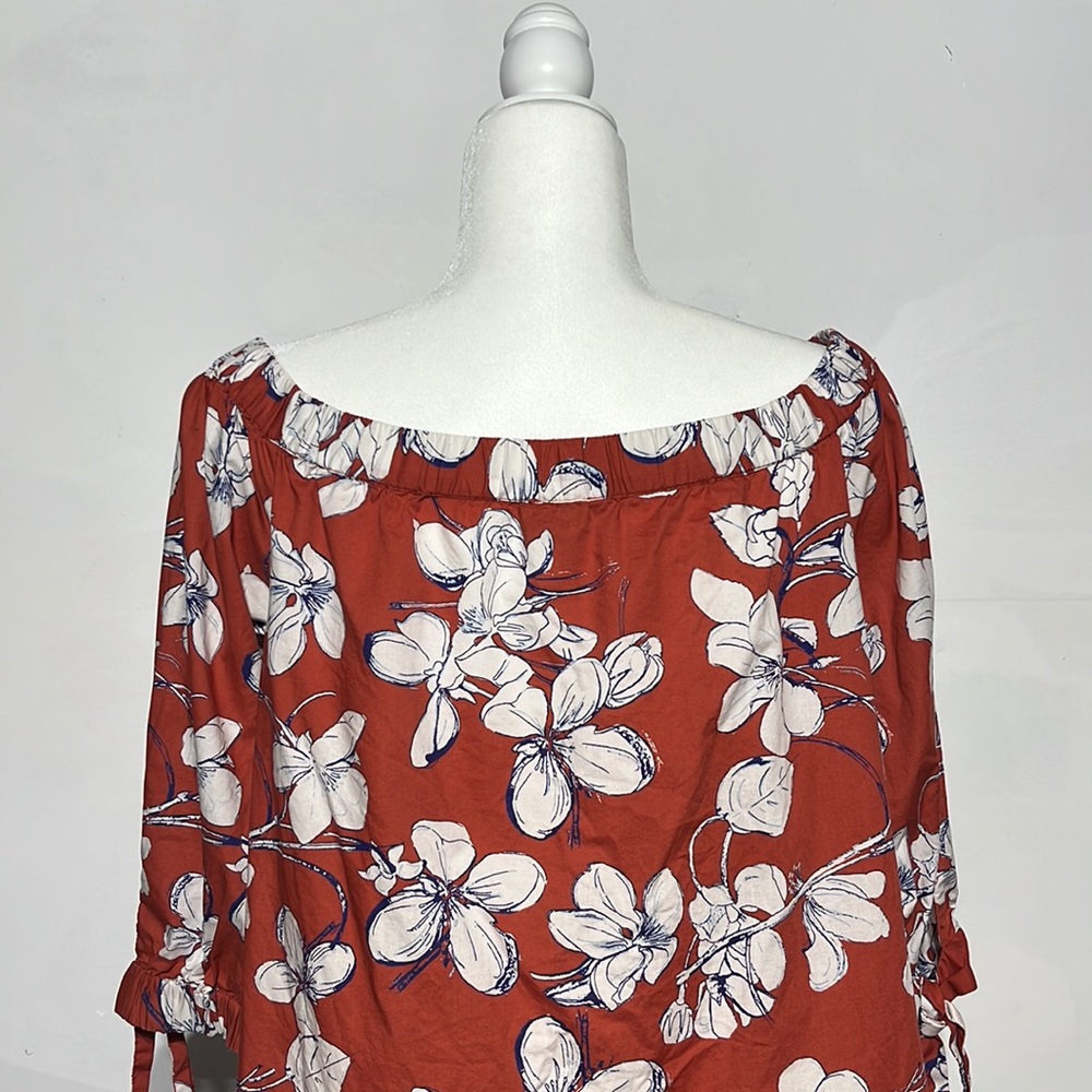 LOFT Outlet Burnt Orange Floral 3/4 Length Tie Sleeves Off-The Shoulder Blouse M - Picture 8 of 11